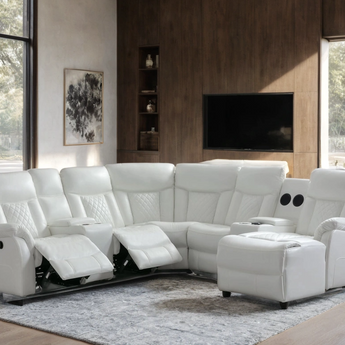 Champion white reclining sectional. It includes 2 Recliners + Push Back Chaise, Bluetooth Speaker, Smart Phone Charging Pad, USB/USB-C and Charging Ports.