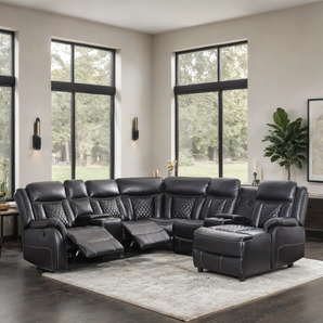 Champion Black Reclining Sectional- 2Recliners + Push Back Chaise, Bluetooth Speaker, Smart Phone Charging Pad, USB/USB-C Charging Ports.