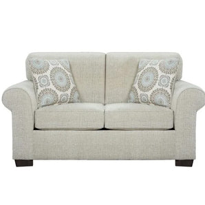 Charisma Linen Loveseat upholstered in polyester fabric with diamond patterned accent pillows.