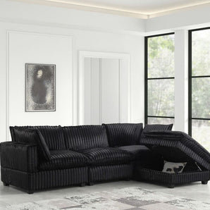 Cloud2 black corduroy sectional with storage ottoman.