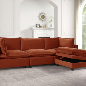 Cloud2 red corduroy sectional with storage ottoman. 