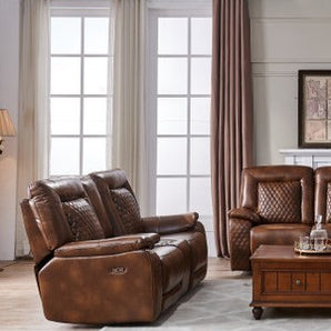 Experience luxurious comfort with the Copper Creek Brown Power Loveseat. Upholstered in leather gel match and featuring a USB/AC plug.