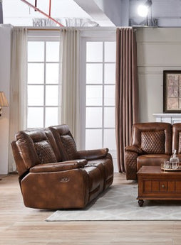 Experience luxurious comfort with the Copper Creek Brown Power Loveseat. Upholstered in leather gel match and featuring a USB/AC plug.