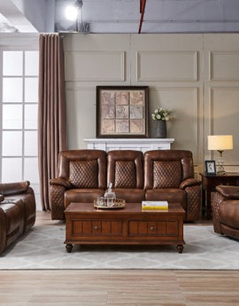 Enjoy luxurious comfort with the Copper Creek Brown Sofa. Rich leather-gel upholstery, power-motion, drop-down tray & wireless charger offer effortless style & supreme relaxation.