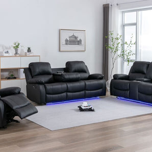 Daytona black leather 3pc reclining sofa set. It includes reclining sofa, reclining loveseat and rocker recliner. 