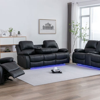 Daytona black leather 3pc reclining sofa set. It includes reclining sofa, reclining loveseat and rocker recliner. 