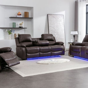 Daytona brown leather 3pc reclining sofa set with LED underneath. It includes a reclining sofa with drop-down table, reclining loveseat with middle console, and rocker recliner.