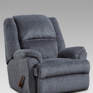 The Denali Chaise Rocker Recliner ensures effortless relaxation. Upholstered with durable grey fabric and 100% polyester for luxurious cushioning. Available in four colors; Indigo, Mocha, Pewter and Mineral