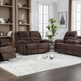 Dynamo2 brown fabric 3 piece reclining set. It includes a reclining sofa, reclining loveseat, and rocker recliner