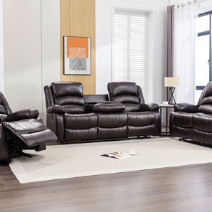 Dynamo2 brown leather 3 piece reclining set. It includes reclining sofa, reclining loveseat and rocker recliner