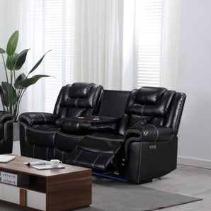 Sink into comfort with the Encore Black Power Reclining Sofa. Air gel leather & pocket coil seating, plus drop-down tray, wireless charger & side power switch for charging.
