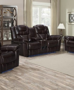Upholstered in air gel leather & pocket coil seating, the Encore Brown Power Reclining Loveseat brings ultimate comfort. Enjoy home entertainment with Bluetooth speakers & a wireless charger, & easily power up via USB port with a side switch.
