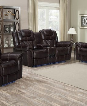Upholstered in air gel leather & pocket coil seating, the Encore Brown Power Reclining Loveseat brings ultimate comfort. Enjoy home entertainment with Bluetooth speakers & a wireless charger, & easily power up via USB port with a side switch.
