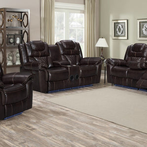 This Encore Set boasts pocket coil seating and is crafted from brown air gel leather. Includes a tray with a wireless charger and USB switch. Console loveseat has Bluetooth speakers, charger and switch. Offered in black/brown with contrast stitching.