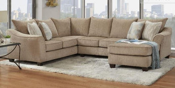 Gather around the Grid Mushroom Sectional for comfort and style. Upholstered in brown fabric, it adds luxury to any space.
