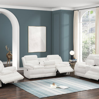 Heaven white corduroy 3pc reclining set; reclining sofa, reclining loveseat and recliner chair