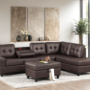 Heights brown reversible sectional with drop-down cup holders and matching storage ottoman covered in durable faux leather
