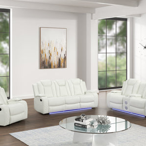 Luz White leather 3pc reclining set. Includes reclining sofa, reclining loveseat and recliner
