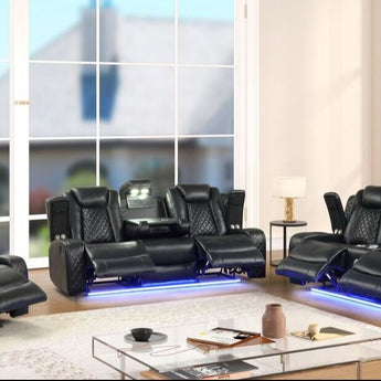 Luz black leather 3pc reclining set. Includes reclining sofa, reclining loveseat and recliner.