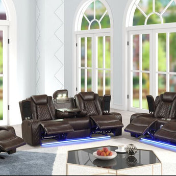 Luz 3pc reclining set crafted in brown leather with LED underneath the sofa. It include a reclining sofa, reclining loveseat and rocker recliner. 