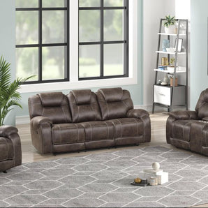 Madrid brown 3pc reclining set. It includes reclining sofa, reclining loveseat with middle console and rocker recliner.