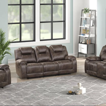 Madrid brown 3pc reclining set. It includes reclining sofa, reclining loveseat with middle console and rocker recliner.
