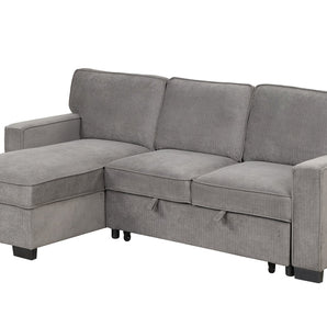 Marcos grey fabric sectional with reversible storage chaise and pull-out bed. It also comes with a drop-down table and USB charging ports.