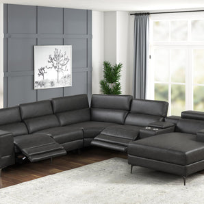 Milano gray leather power reclining sectional. Features 2 power recliners with adjustable headrest.