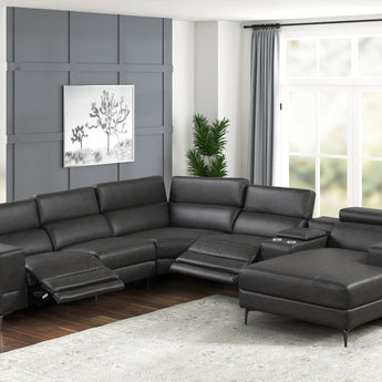 Milano gray leather power reclining sectional. Features 2 power recliners with adjustable headrest.