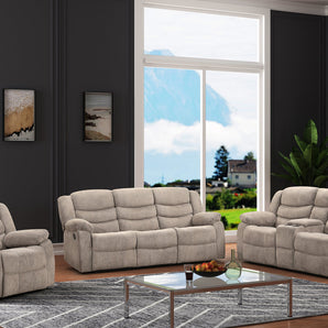 3PC Oliver gray fabric reclining sofa set. It includes, reclining sofa, reclining loveseat and rocker recliner with middle console