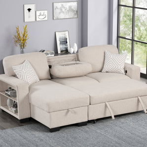 Pacific beige reversible sectional with pull-out bed, storage chaise, side storage shelves, drop-down table and USB ports.