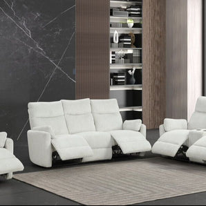 Peppe beige corduroy 3pc reclining set that includes reclining sofa, reclining loveseat and glider recliner.