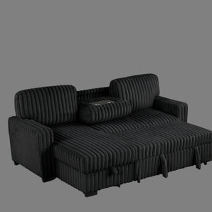 Poland black corduroy reversible sectional with pull-out bed, storage chaise, drop-down tray plus two cup holders.