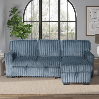 Poland grey corduroy reversible sectional with pull-out bed, storage chaise and drop down tray.