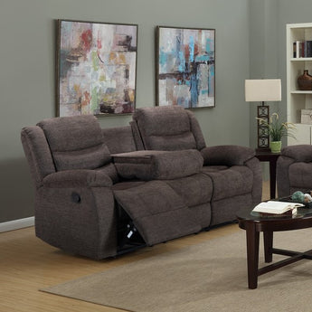 Relax in style and comfort with the Rockport Reclining Sofa. Upholstered in soft chenille, it features a drop-down tray and inviting design.