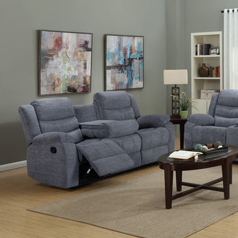 Recline in luxe and comfort with the Rockport Sofa. Upholstered in soft chenille fabric, it features a drop-down tray and cozy design.