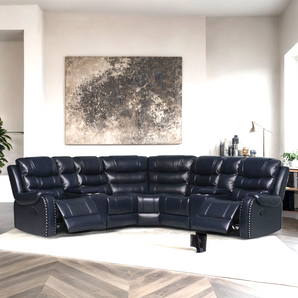 Rose blue leather reclining sectional with nailhead trim