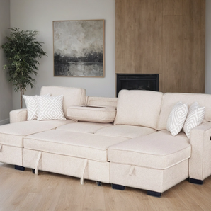 Sahara beige sectional with double storage chaise and drop-down cup holder table.