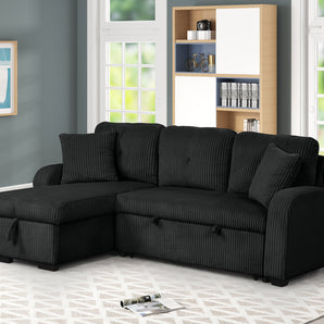 Silvia Black corduroy sectional with pull-out bed and storage chaise