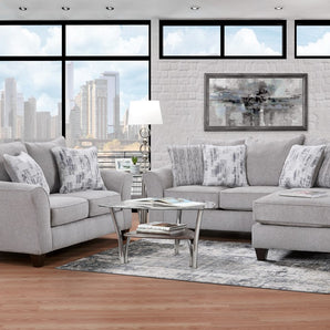 Chic Spitfire Ash Mini Sectional/Chofa for your living room! Features sofa and loveseat in grey fabric upholstery and a comfy chaise.