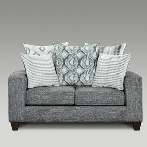 Style & comfort your living room with the Stonewash Charcoal Loveseat. Its modern look mixes patterns and textures. Upholstered in grey fabric. Accent pillows are included.