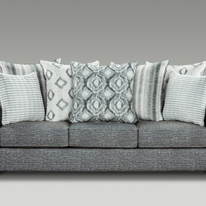 Sink into luxury with the Stonewash Charcoal Sofa! Soft fabric upholstery, accent pillows, modern/relaxed styles, mix of patterns/textures/tones — all giving it a touch of flair.
