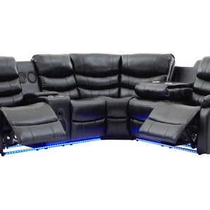 Texan black power reclining sectional with bluetooth speakers and LED light strips