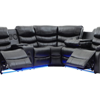 Texan black power reclining sectional with bluetooth speakers and LED light strips