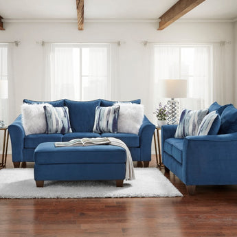 Our Velour Navy Blue Sofa Set provides luxurious comfort and style, with quality foam cushioning and navy blue upholstery for a classic look. Accent pillows included.