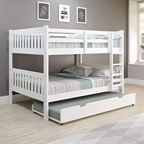 Full/Full Bunk Bed in White. This strong, sturdy, and simple Full-over Full Bunk Bed is the perfect addition to a kid's bedroom. Made from 100% solid pine wood with steel reinforcements. Multi-step finishing process to ensure a smooth bed finish. 