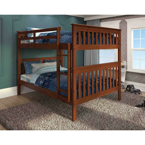 Full/Full Mission Style Bunk Bed in Light Espresso. Solid wood construction and clean, crisp lines define the classic style of our Full over Full Mission Bunk Bed.Made from 100% pine wood with steel reinforcements.