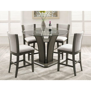 Camelia Round Glass Top Counter Height Table 5pc Set - Grey. features glass table top and upholstered seat and back.This set includes 1 Table & 4 Chairs.