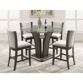 Camelia Round Glass Top Counter Height Table 5pc Set - Grey.  features glass table top and upholstered seat and back.This set includes 1 Table & 4 Chairs.