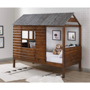 Twin Log Cabin Low Loft Bed in Rustic Walnut-Donco
